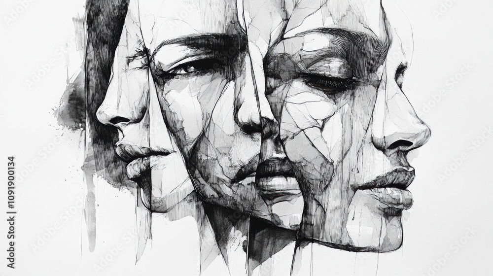Fototapete intense expression captured in black and white ink portraits, featuring strong lines and shadows to 