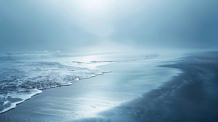 Fototapeta premium Tranquil Seascape at Dawn with Soft Hues and Gentle Waves, Capturing the Serenity of Nature with Misty Atmosphere and Smooth Sand along the Shoreline