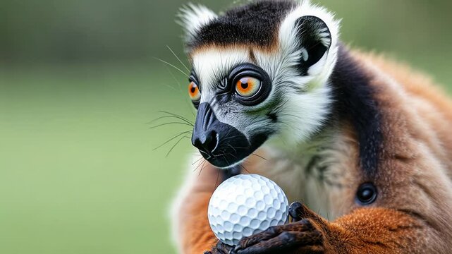 A curious monkey holding a golf ball