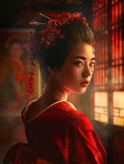 A Beautiful Geisha in Traditional Kimono Stands Elegant in Dim Light, Surrounded by Cultural Elements Inspired by Japanese Heritage and Artistry