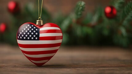 A heart-shaped ornament featuring the American flag hangs amidst festive greenery, symbolizing patriotism and holiday spirit.