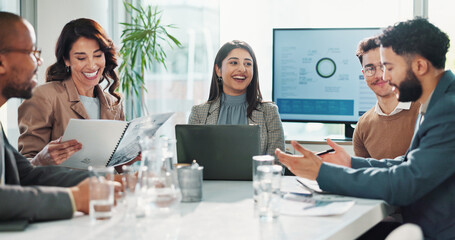 Happy, finance or business people meeting with project feedback, portfolio or teamwork. Revenue report, paperwork or financial advisor talking to economists for economy good news or planning together
