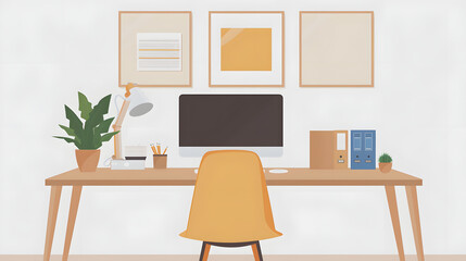 a minimalist, comfortable home office features a computer on a wooden table in the living room with a white accent, detailed, png