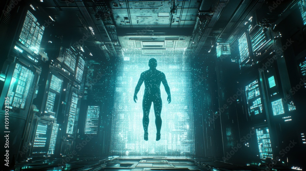 Poster a digital image of a humanoid robot interacting with advanced technology screens and data visualizat