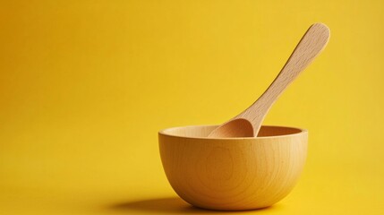 Wooden bowl and spoon set against a vibrant yellow backdrop