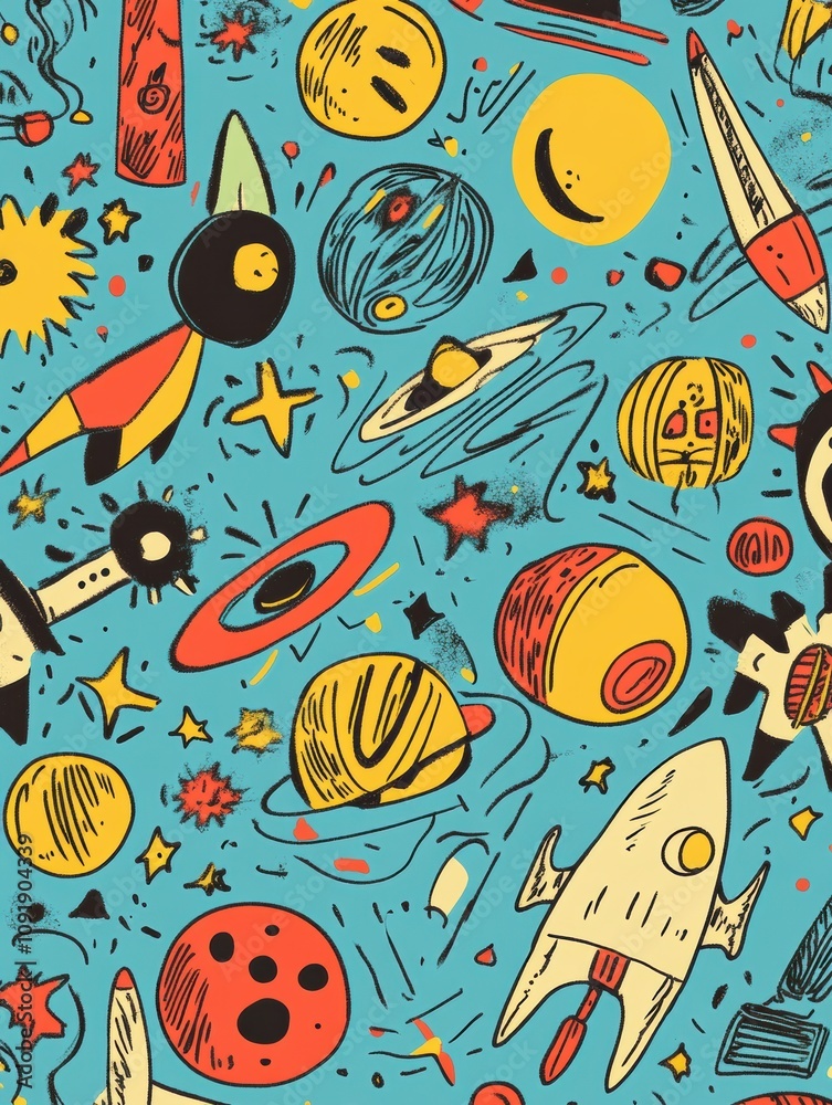 Poster colorful and whimsical doodles of planets, rockets, stars, and astronauts create a playful cosmic sc