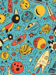 Naklejka premium Colorful and whimsical doodles of planets, rockets, stars, and astronauts create a playful cosmic scene filled with imagination. Generative AI