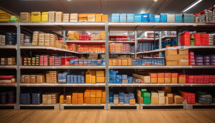Fototapeta premium Shelves filled with colorful products in organized storage system inventory management concept