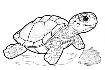 Fototapeta premium A cheerful cartoon turtle with large eyes exploring a beach scene beside a seashell.