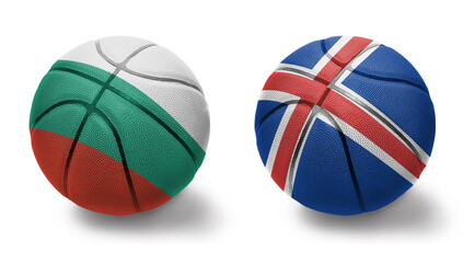 basketball balls with the national flags of iceland and bulgaria on the white background.