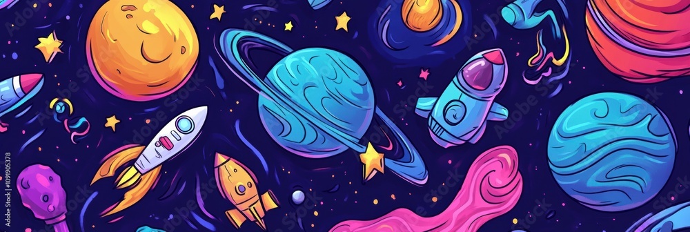 Poster colorful doodles showcase planets, rockets, and astronauts floating in a playful cosmic scene, fille