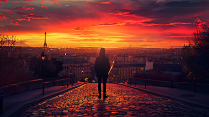 Vibrant Sunset Over Paris with Silhouette of a Man Standing on Cobblestone Street Admiring Scenic View of the Eiffel Tower Against Dramatic Cloudy Sky