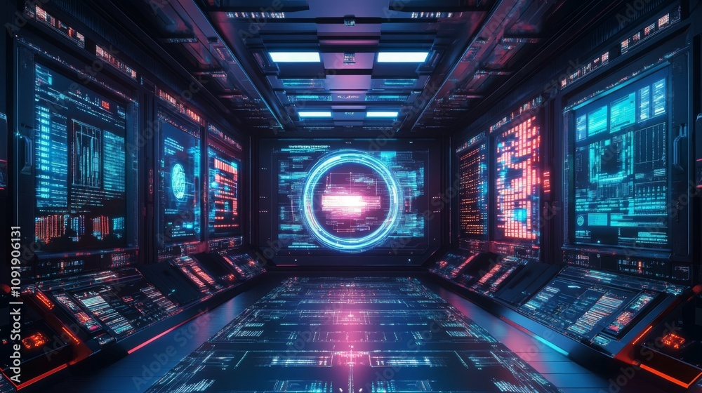Aufkleber A futuristic control room glows with vibrant blue and red hues. Large monitors show scrolling code and complex data streams. The central screen displays a circular interface with a bright pink line.