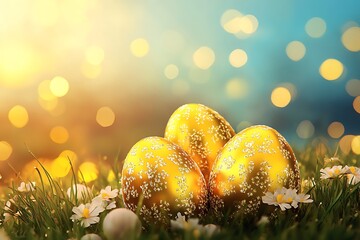 Golden easter eggs hiding in grass at sunset with bokeh lights