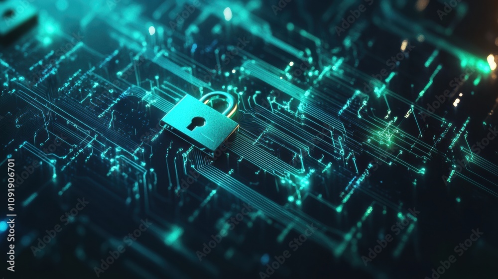 Aufkleber A striking digital backdrop features padlocks and keys intertwined with a glowing circuitry pattern, symbolizing security and access. Generative AI