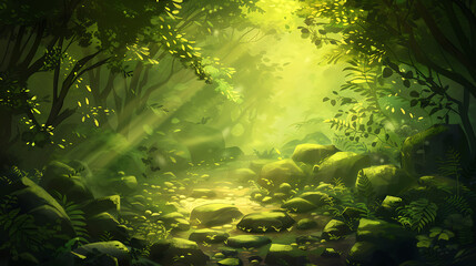 Fototapeta premium Serene Sunlit Forest Pathway with Lush Greenery and Dappled Light Streaming Through Canopy, Inviting Tranquil Nature Exploration and Relaxation in the Heart of Wilderness