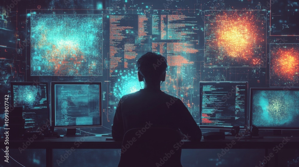 Poster At night, a person sits in a high-tech workspace, focused on multiple computer screens displaying intricate data visualizations.