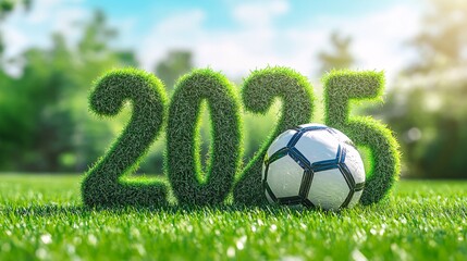 Soccer ball stands next to grassy 2025 sign on lush field