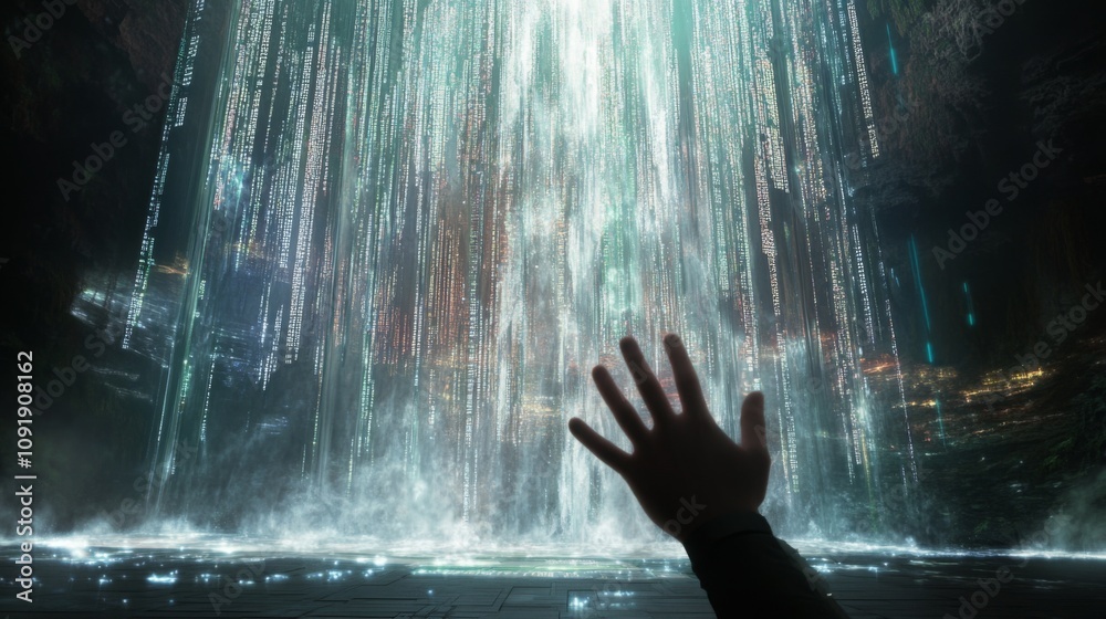 Poster A hand extends towards a mesmerizing digital waterfall displaying streams of light and data in a dark, cavernous setting, creating a blend of technology and nature at twilight.