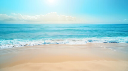 Fototapeta premium Serene Tropical Seascape with Calm Waters, Soft Sandy Beach, Gentle Waves, and Bright Blue Skies Under Warm Sunlight for Tranquil Escape Experiences