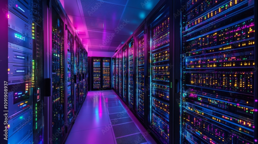Poster A high-tech server room filled with rows of servers and network equipment, glowing with colorful LED lights.