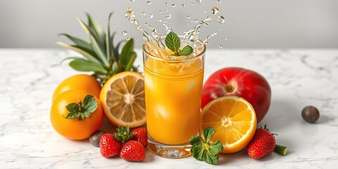 Fototapeta premium A mixture of juicy fruits splashing into a clear glass of juice on a white marble surface, colorful fruits, fresh produce, kitchen essentials