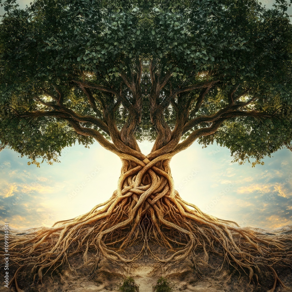 Leinwandbilder a majestic tree stands tall with intertwining branches and roots, representing growth and deep inter