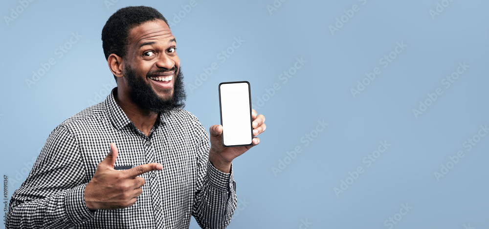 Poster Useful App Or Website. Black man pointing at blank cell phone screen for advertising text, empty space, mock up