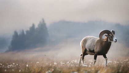 Fototapeta premium A ram walking through a misty field, its form subtly blending into the watercolor landscape