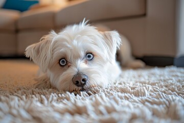 A cheerful white dog rests on a soft rug in a sunny living room, showcasing its captivating blue eyes and playful demeanor.