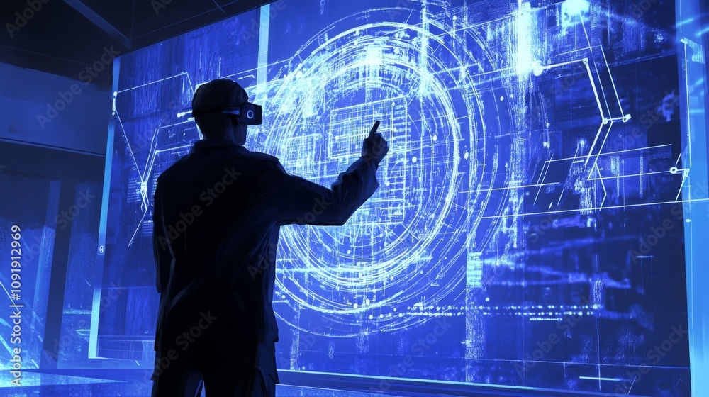 Poster A man wearing a virtual reality headset stands before a large, translucent screen displaying complex, glowing blue data.