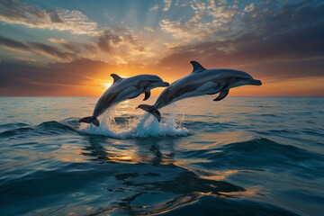 Fototapeta premium Image from happy dolphin jumping on the sea