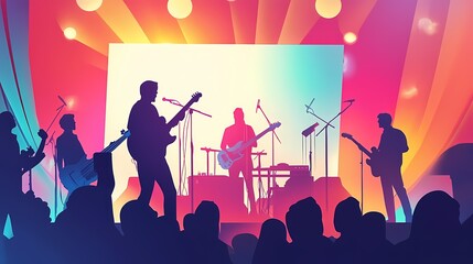 Vibrant Silhouettes of Musicians Performing Live on Stage with Colorful Lights and Energetic Audience in the Background