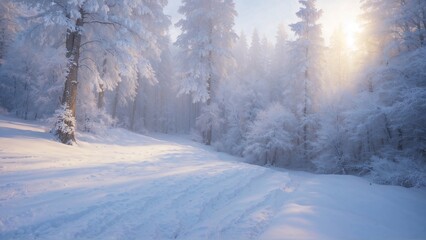Fototapeta premium Snow-covered forest illuminated by morning sunlight