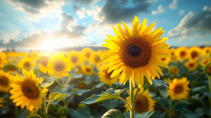 Obraz premium sunflower field under a blue sky with white clouds with a white accent, png