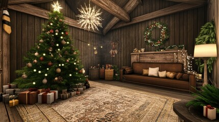 Obraz premium Cozy and Elegant Holiday Living Room Decorated for Christmas with a Beautifully Adorned Tree and Warm Ambiance in a Rustic Cabin Setting