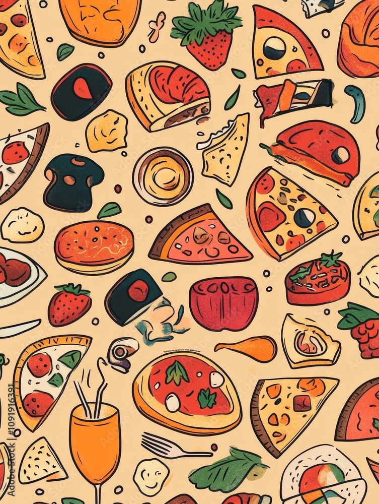 Poster vibrant doodles display an array of foods including pizza, sushi, fruits, and delightful desserts, c