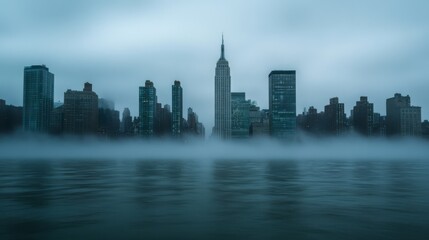 Obraz premium Foggy city skyline at dawn.