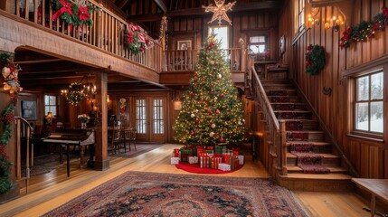 Obraz premium Cozy and Festive Interior of a Rustic Cabin Featuring a Beautifully Decorated Christmas Tree Surrounded by Colorful Gifts in a Warm Atmosphere