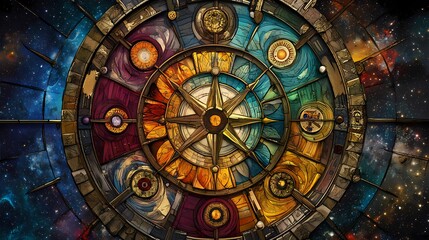 Obraz premium Intricate Celestial Compass Design Illustrating the Zodiac Signs and Cosmic Elements in Vibrant Colors Against a Starry Background
