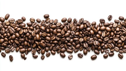 Naklejka premium A Close-Up View of an Abundance of Freshly Roasted Coffee Beans Arranged in a Horizontal Line on a Bright White Background