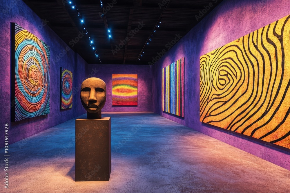 Poster a futuristic african art studio with holographic canvases displaying bold tribal patterns and ai-ass