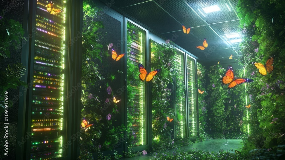 Leinwandbilder in a unique setting, server racks emit colorful lights while surrounded by lush greenery and flutter