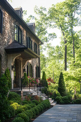 The front yard and entrance to an elegant, two-story stone house with black shutters in North Carolina, surrounded by lush green trees and plants, including evergreen hedges. 