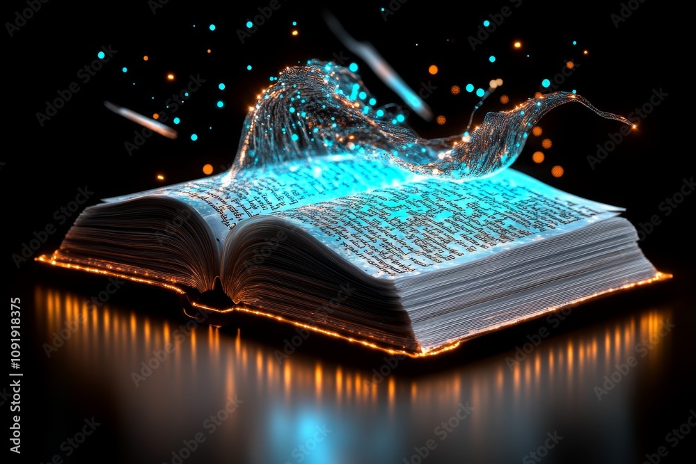 Poster a magical agenda book glowing with enchanted text, surrounded by floating quills and sparkling light