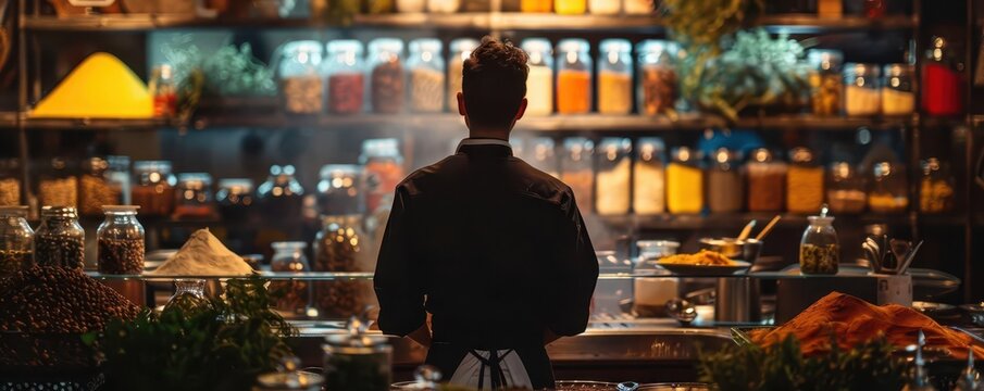 A chefs silhouette in a bustling kitchen, with a background of colorful spices and ingredients
