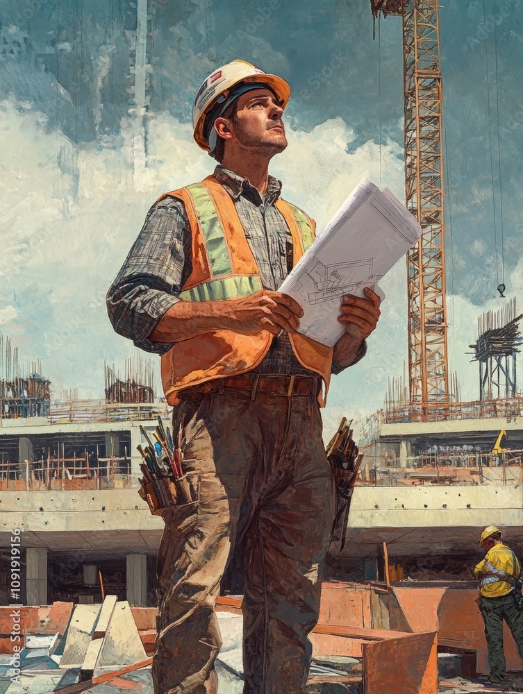 Poster An engineer stands confidently at a construction site, reviewing blueprints while ensuring project safety and progress in the daytime. Generative AI