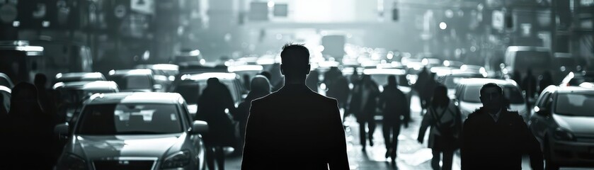 A city commuters silhouette against a background of rush hour traffic in monochrome