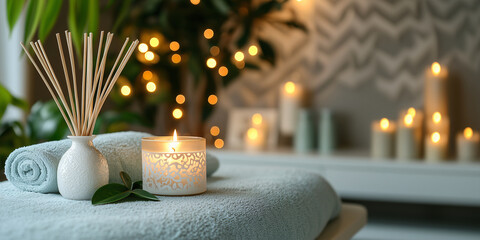 serene spa setting featuring candles, essential oils, and soft towels creates calming atmosphere for relaxation and rejuvenation