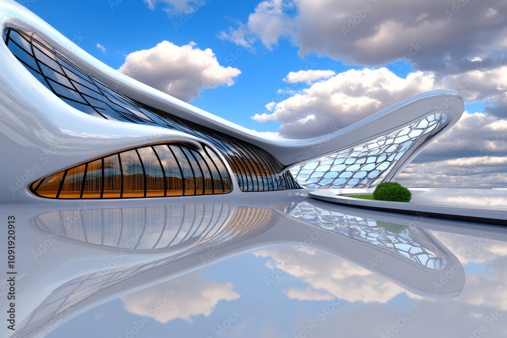Poster Ahead road depicted as a futuristic 3D digital rendering, curving through a sci-fi landscape with metallic structures